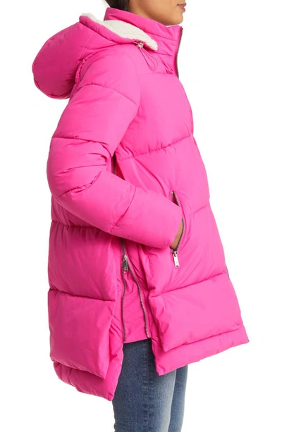 Shop Sam Edelman Puffer Jacket With Removable Faux Shearling Trim In Bright Dahlia
