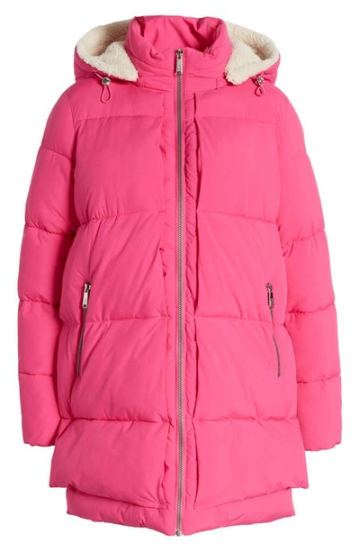 Shop Sam Edelman Puffer Jacket With Removable Faux Shearling Trim In Bright Dahlia