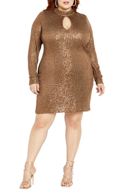Shop City Chic Glowing Sequin Long Sleeve Sweater Dress In Bronze