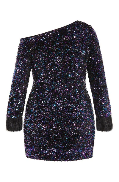 Shop City Chic Octavia One-shoulder Long Sleeve Sequin Body-con Minidress In Petrol