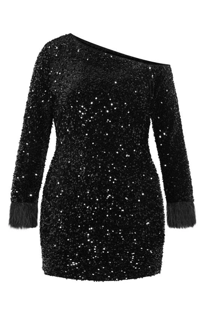 Shop City Chic Octavia One-shoulder Long Sleeve Sequin Body-con Minidress In Black