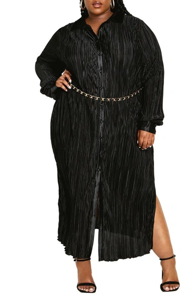 Shop City Chic Andi Long Sleeve Plissé Maxi Shirtdress In Black