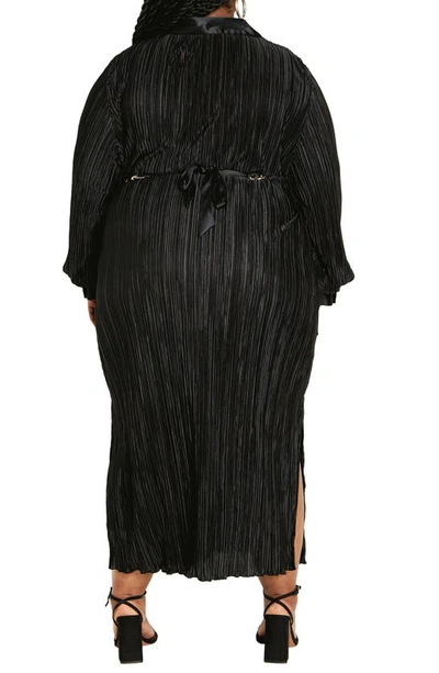City Chic Andi Long Sleeve Plissé Maxi Shirtdress In Black