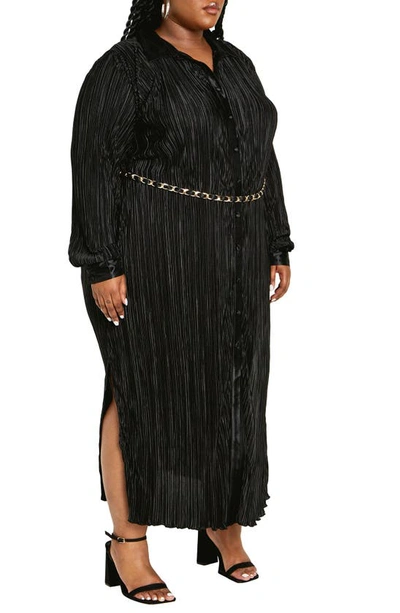 City Chic Andi Long Sleeve Plissé Maxi Shirtdress In Black