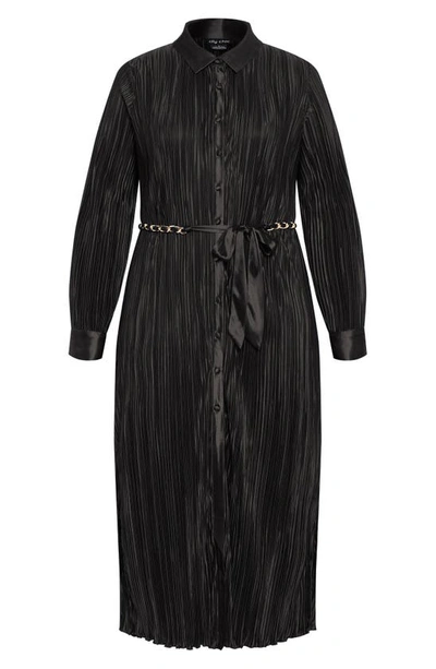 City Chic Andi Long Sleeve Plissé Maxi Shirtdress In Black