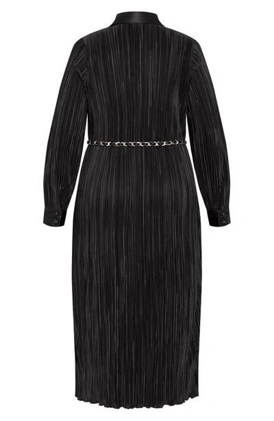 City Chic Andi Long Sleeve Plissé Maxi Shirtdress In Black