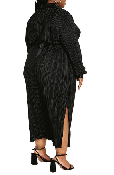 City Chic Andi Long Sleeve Plissé Maxi Shirtdress In Black