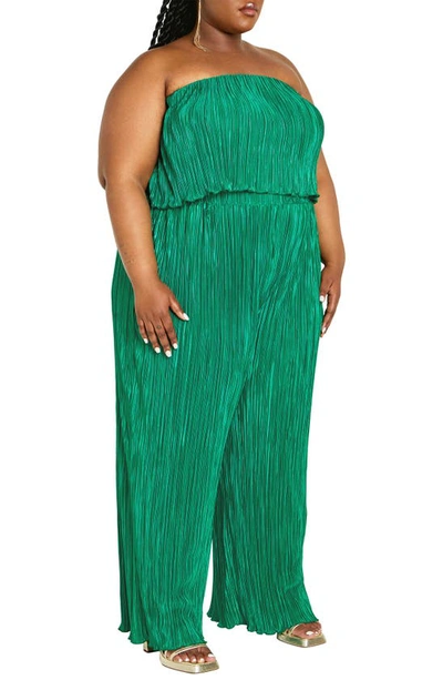 City Chic Hailee Strapless Plissé Jumpsuit In Greenstone