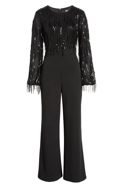Shop Eliza J Sequin Fringe Long Sleeve Jumpsuit In Black