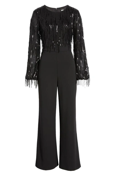 Eliza J Sequin Fringe Long Sleeve Jumpsuit In Black