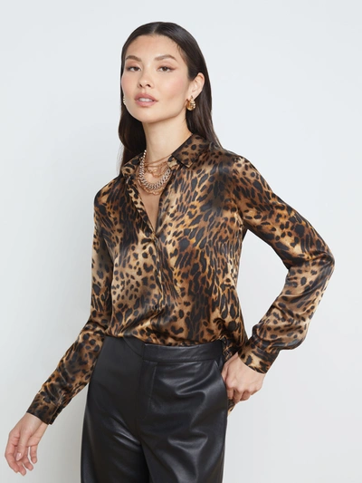 Shop L Agence Tyler Silk Blouse In Brown Multi Oil Leopard
