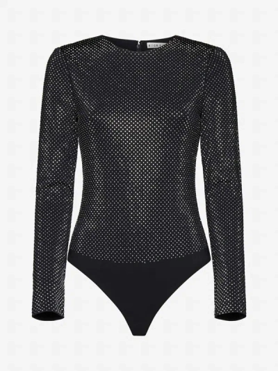 Shop Alice And Olivia Taeyn Rhinestoned Viscose Bodysuit In Black,silver