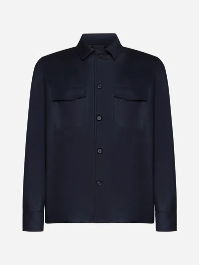 Shop Low Brand Wool Flannel Shirt In Dark Navy