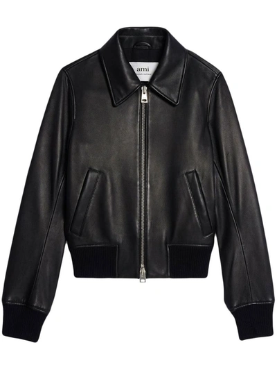 Shop Ami Alexandre Mattiussi Ami Paris Zip-up Leather Jacket In Black