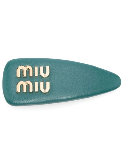 Shop Miu Miu Logo-lettering Hair Clip In Laguna