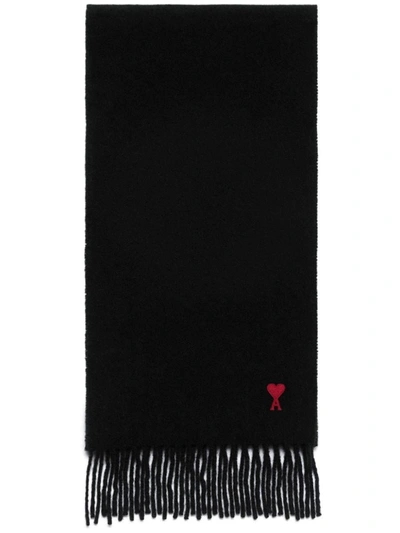 Shop Ami Alexandre Mattiussi Ami De Coeur Fringed-edge Wool Scarf In Wool Tricontine Black
