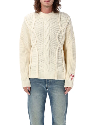 Shop Golden Goose Golden M's Oversize Knit Crew Neck Cable In Natural White