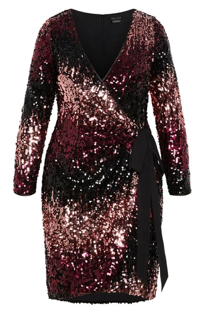 Shop City Chic Irresistible Sequin Long Sleeve Faux Wrap Dress In Berry Ombre