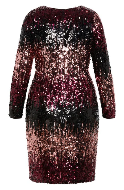 Shop City Chic Irresistible Sequin Long Sleeve Faux Wrap Dress In Berry Ombre