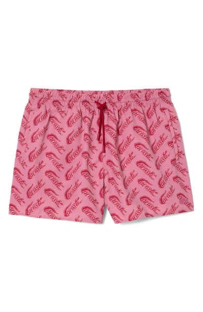 Shop Lacoste Logo Print Cotton Swim Trunks In Ay1 Lighthouse Red/ Reseda