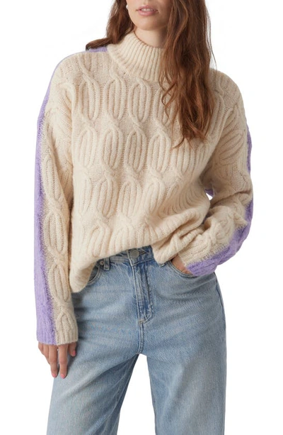Shop Vero Moda Chrissy Colorblock Cable Stitch Turtleneck Sweater In Birch/ Purple