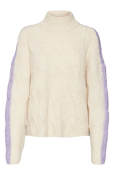 Shop Vero Moda Chrissy Colorblock Cable Stitch Turtleneck Sweater In Birch/ Purple
