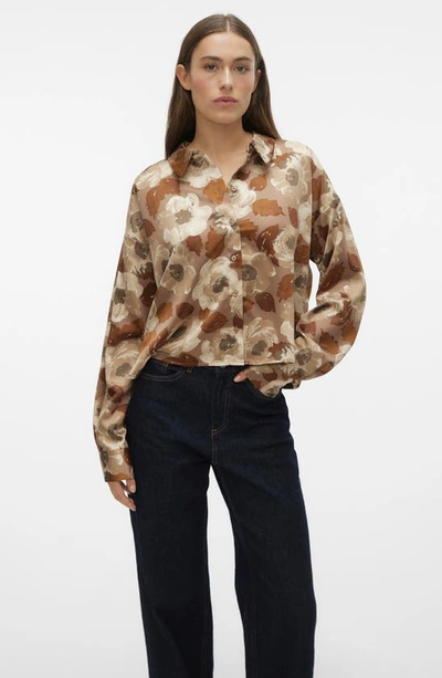 Shop Vero Moda Merle Nelly Floral Print Button-up Shirt In Brown Lentil Aop Nel