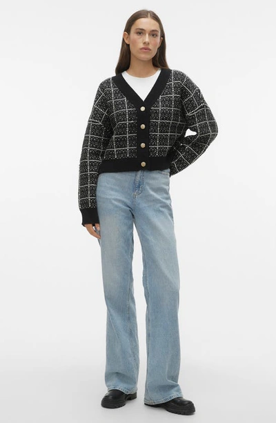 Vero Moda Kia Plaid Tweed Crop Cardigan In Black Checks W Birch