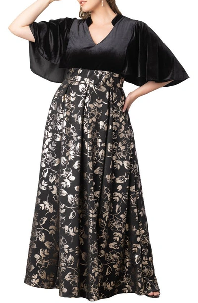 Kiyonna Radiant Opulence Mixed Media Ballgown In Gilded Noir