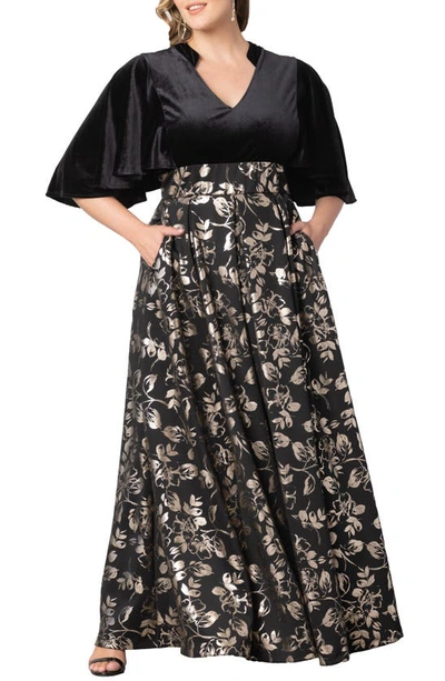 Kiyonna Radiant Opulence Mixed Media Ballgown In Gilded Noir