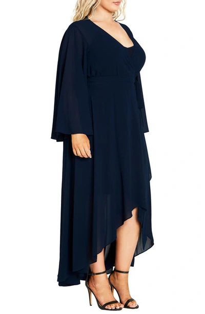 Shop City Chic Fleetwood Long Sleeve Chiffon Wrap Dress In True Navy