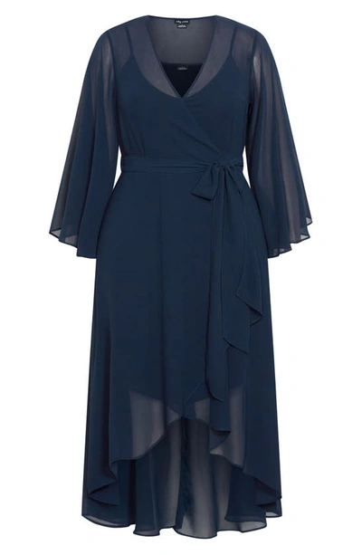 Shop City Chic Fleetwood Long Sleeve Chiffon Wrap Dress In True Navy