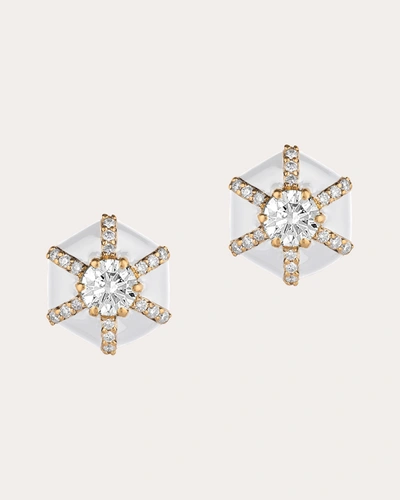 Shop Goshwara Women's Diamond & White Enamel Hexagon Stud Earrings