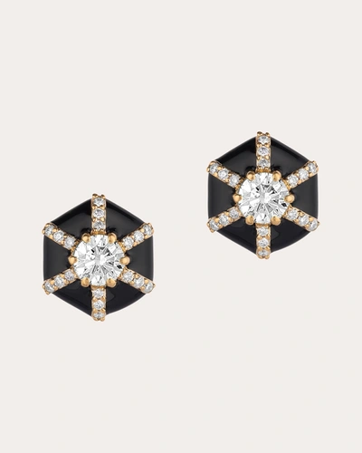 Shop Goshwara Women's Diamond & Black Enamel Hexagon Stud Earrings