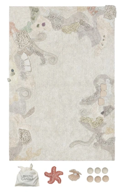 Shop Lorena Canals Seabed Washable Cotton Rug & Ocean Creature Set In Natural Honey Olive Vanilla