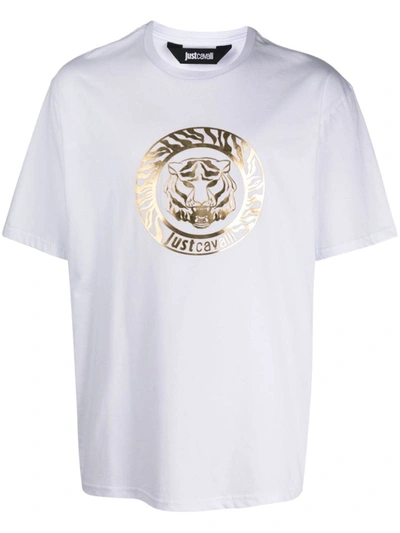 Shop Just Cavalli T-shirt With Logo In Bianco E Oro