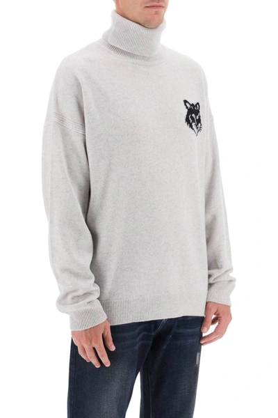 Shop Maison Kitsuné Maison Kitsune Fox Head Inlay Turtleneck Sweater In Grey