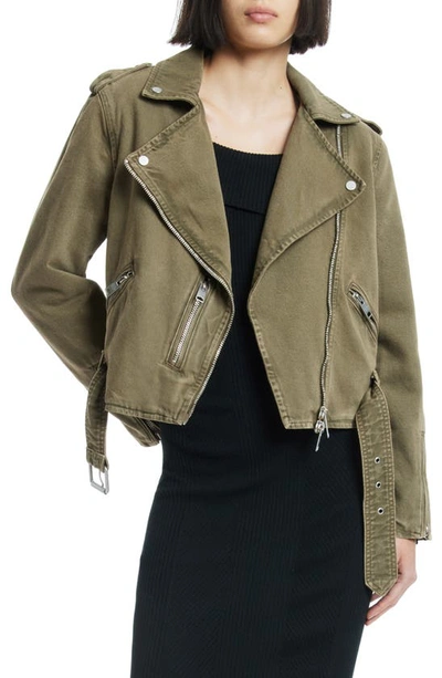 Shop Allsaints Balfern Denim Biker Jacket In Deep Olive Green