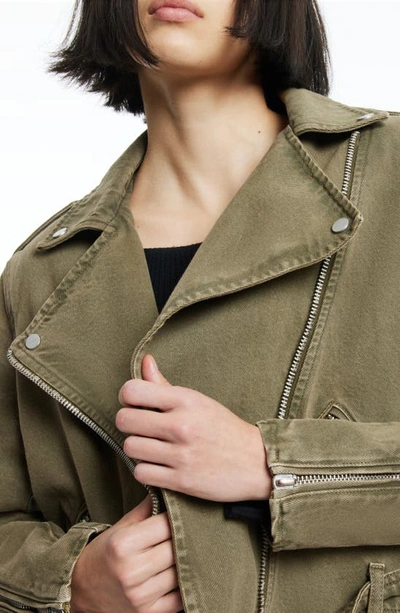 Allsaints Balfern Denim Biker Jacket In Deep Olive Green