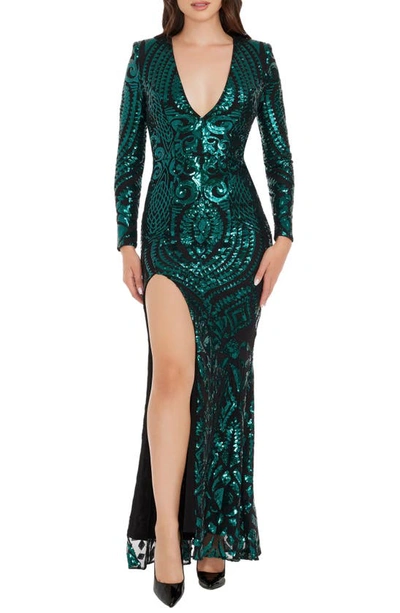 Shop Dress The Population Alessandra Long Sleeve Sequin Mermaid Gown In Emerald-black
