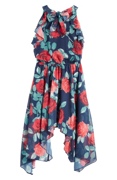 Shop Ava & Yelly Kids' Floral Sleeveless Asymmetric Dress In Navy/ Red Multi