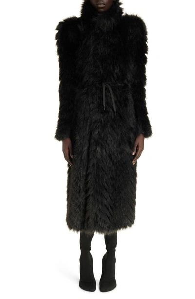 Shop Balenciaga Round Shoulder Faux Fur Coat In Black