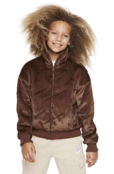 Shop Nike Kids' Sportswear Swoosh Faux Fur Jacket In Cacao Wow