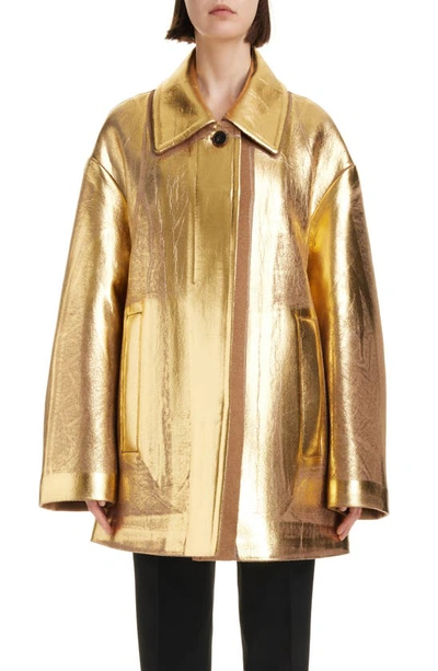 Shop Dries Van Noten Vendals Metallic Coated Belted Jacket In Camel 102
