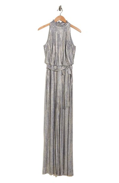 Shop Vince Camuto Belted Wide Leg Metallic Jumpsuit In Grey