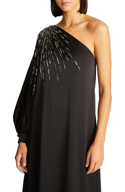 Shop Halston Chaya Beaded One-shoulder Satin Gown In Black