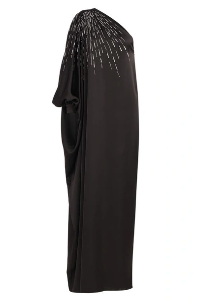 Shop Halston Chaya Beaded One-shoulder Satin Gown In Black