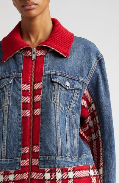 Shop Undercover Mixed Media Rigid Denim & Plaid Wool Knit Jacket In Indigo