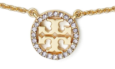 Shop Tory Burch Pavé Logo Pendant Necklace In Tory Gold / Purple