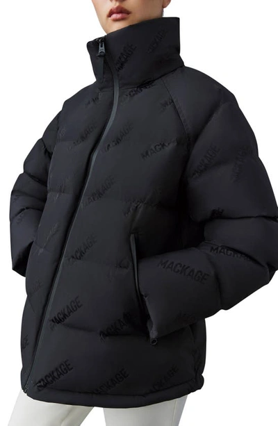 Shop Mackage Edana City Mg Logo Jacquard 800 Fill Power Down Puffer Coat With Removable Hood In Black